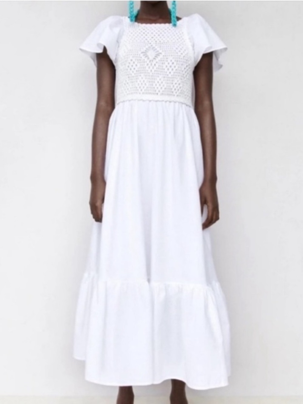 Zara Crochet-Front Linen Maxi Dress